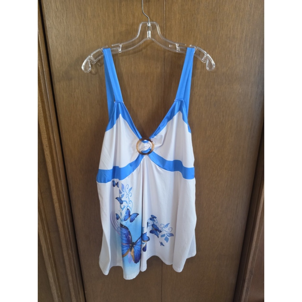 Women's Rose Gal White & BluButterfly Flowy Comfy Tank Top SZ 5X Spaghetti Strap